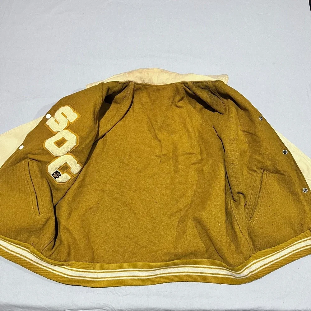 VTG 60s Mens Camel & Cream Two Tone Speedline Reversible Stadium Bomber Jacket